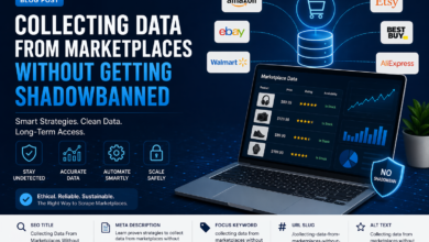 Dashboard showing marketplace data collection, proxy routing, and shadowban warning signals