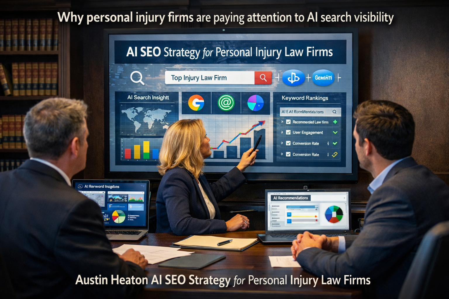 Personal injury law firm team planning AI SEO and authority strategy