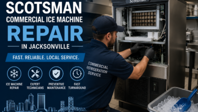 Technician repairing a Scotsman commercial ice machine inside a Jacksonville restaurant kitchen