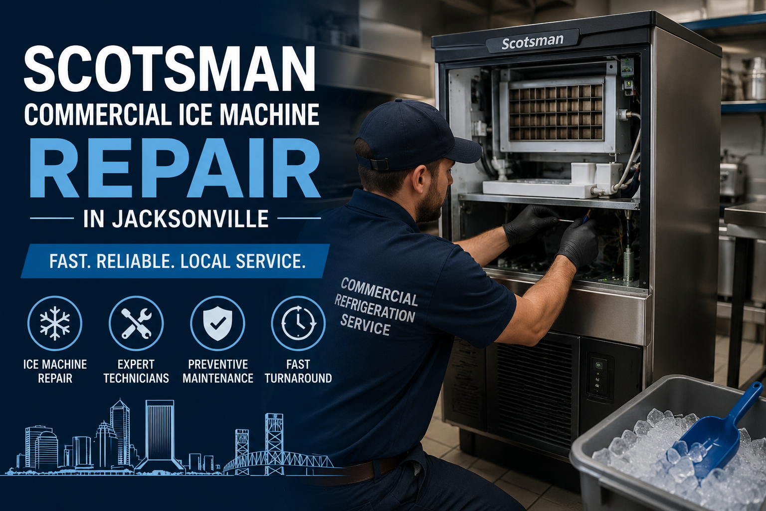 Technician repairing a Scotsman commercial ice machine inside a Jacksonville restaurant kitchen