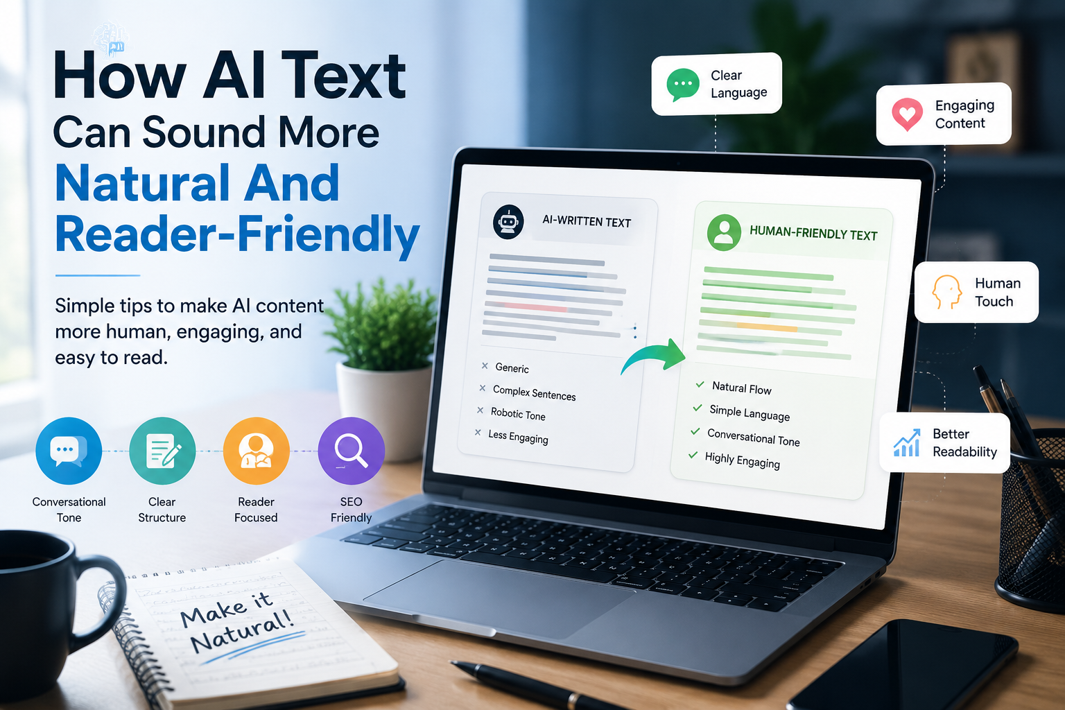 Natural AI writing concept showing human-friendly content editing and readability improvements