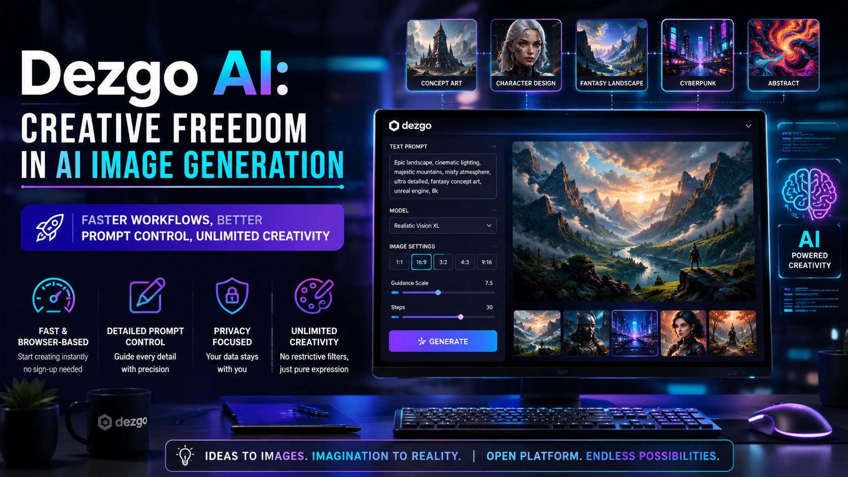 Dezgo AI open image generation platform creating AI artwork from detailed text prompts on a modern digital workspace.