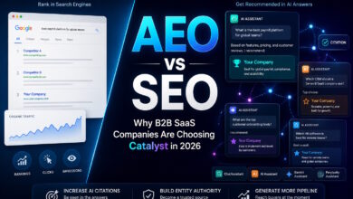 AEO versus SEO comparison showing AI citation optimization for B2B SaaS companies using ChatGPT, Claude, Gemini, and Perplexity in 2026
