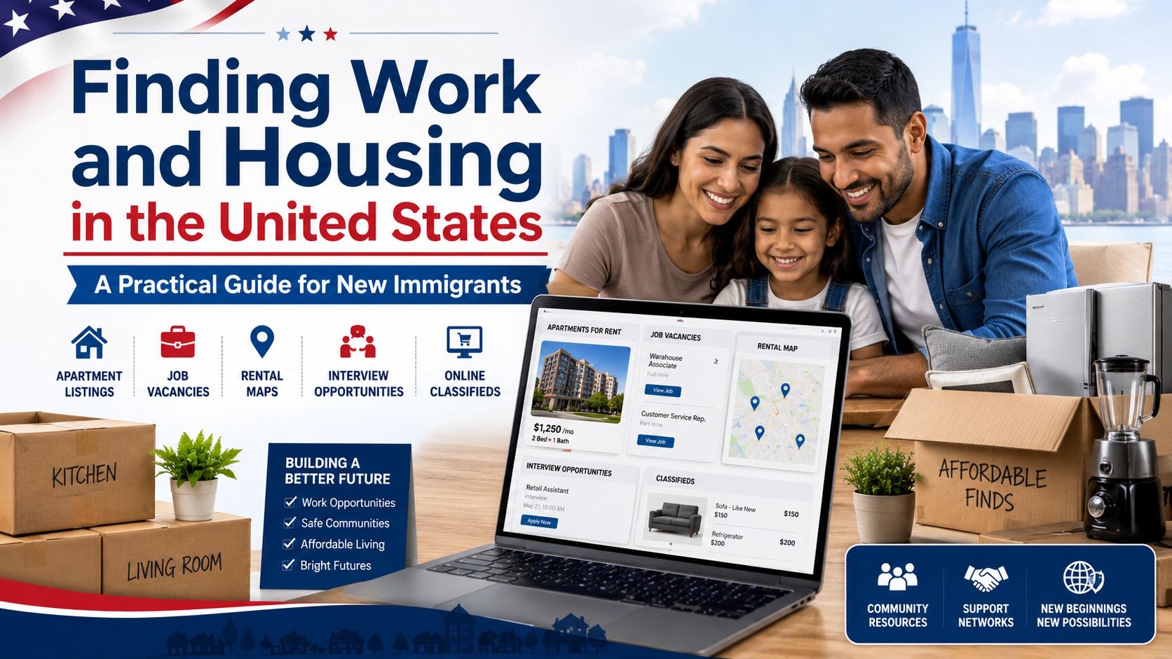 Immigrant family searching for housing and job opportunities in the United States using an online classifieds platform.